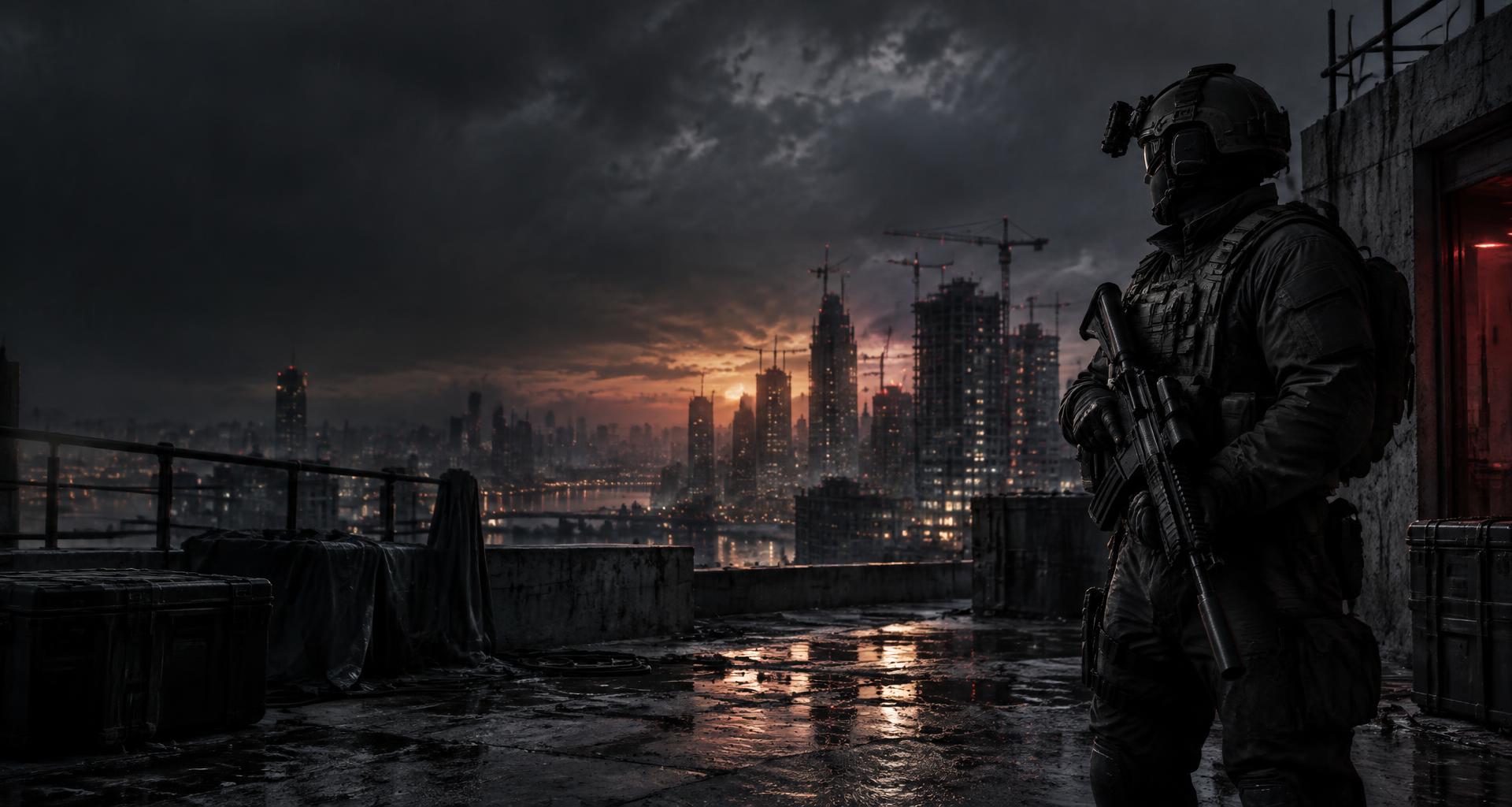Tactical operator overlooking an industrial city